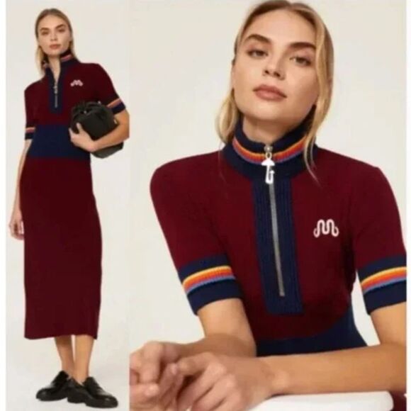 $1250 Marina Moscone Cycling Wool Dress Turtleneck Sweater  M Red Burgundy Blue - Picture 1 of 12